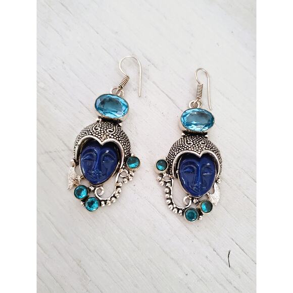 Sterling Silver Balinese Goddess Blue Face Topaz Statement Earrings - Picture 1 of 7